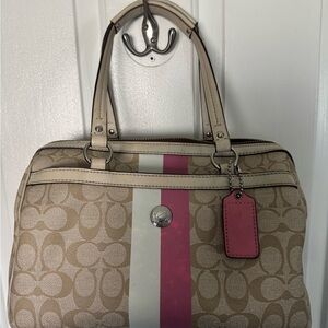 Coach Beige Canvas Satchel with Pink Accent Stripe and Tag